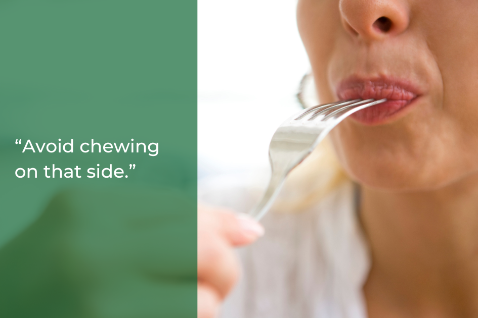 A person holding a fork near their mouth, with the text &quot;Avoid chewing on that side if you chip a tooth&quot; displayed on a green background to the left.