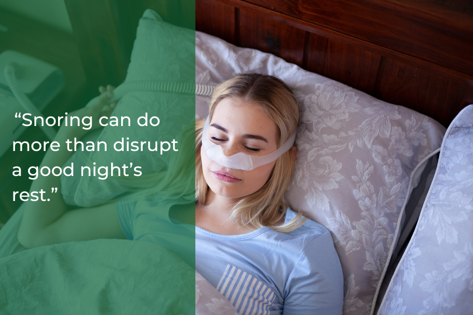 A woman wearing a nasal strip sleeps on her side in bed next to a green overlay with the text, &quot;Snoring can do more than disrupt a good night
