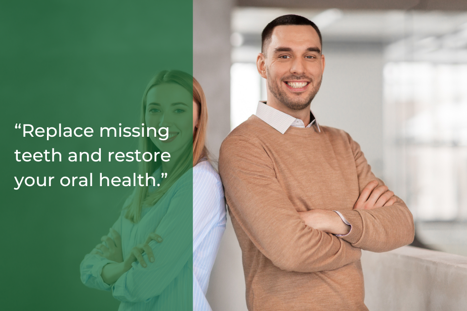 Two people stand indoors, a man in a tan sweater is in focus while a woman stands beside him, slightly blurred, next to a quote about Dental Bridges and how they help Restore Your Smile and oral health.