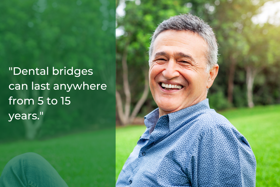 Smiling older man sitting outdoors on grass, next to text stating, &quot;Dental Bridges in Taylor TX can last anywhere from 5 to 15 years. Restore Your Smile with lasting solutions.