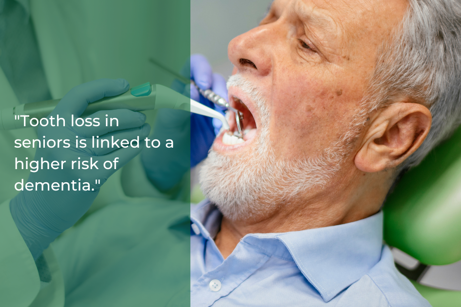 A senior man receives a dental check-up, highlighting the importance of Brighter Smiles during the Golden Years. The quote mentions, &quot;Tooth loss in seniors is linked to a higher risk of dementia.