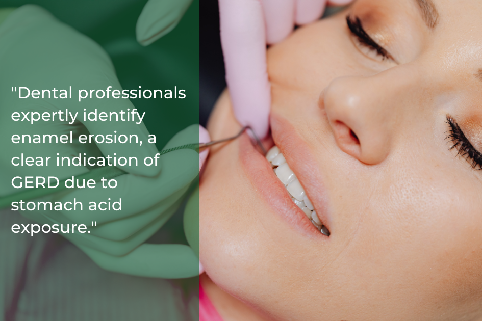 A person is receiving a dental examination with a tool, highlighting enamel erosion as an indicator of GERD. Regular check-ups with your dentist can help identify such health issues before they progress into more significant problems like cavities.