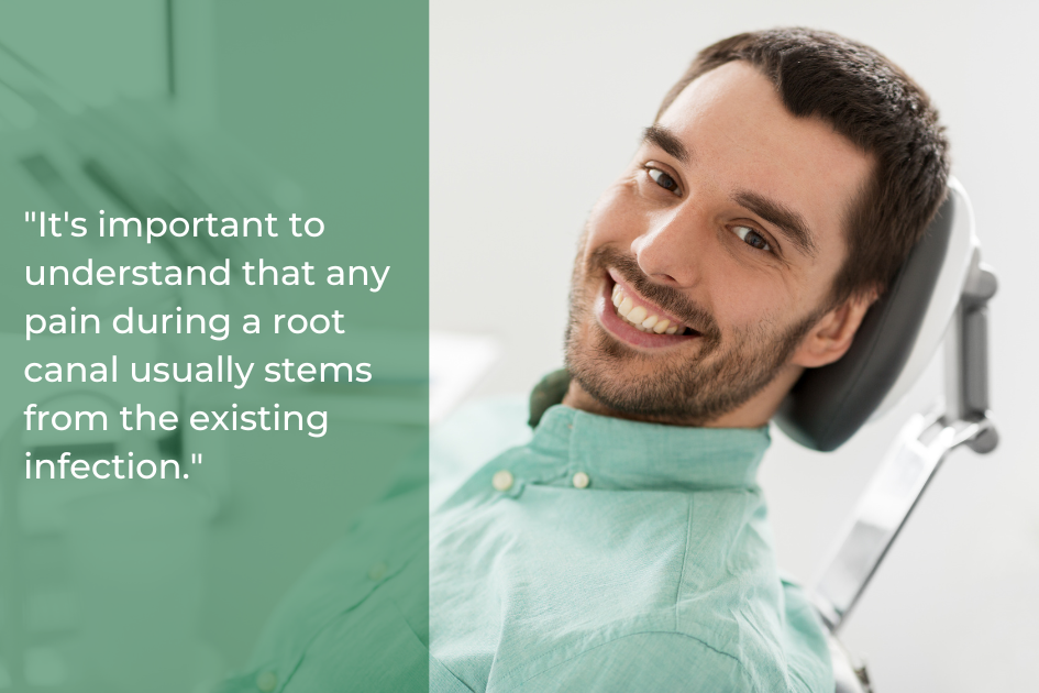 A man with a beard is reclining in a dental chair, smiling. A green text box beside him reads: &quot;Root canals demystified—it