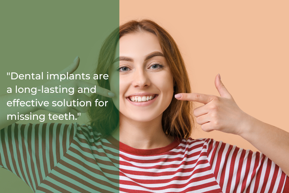 A smiling woman with one hand pointing at her teeth, alongside text stating, &quot;Dental implants are a long-lasting and effective solution for restoring smiles.