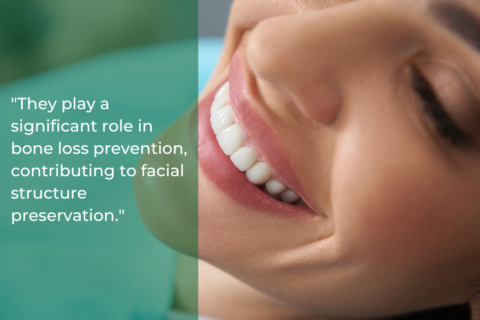Close-up of a person smiling with white teeth. A quote on the image reads, “Dental implants play a significant role in bone loss prevention, contributing to facial structure preservation.”