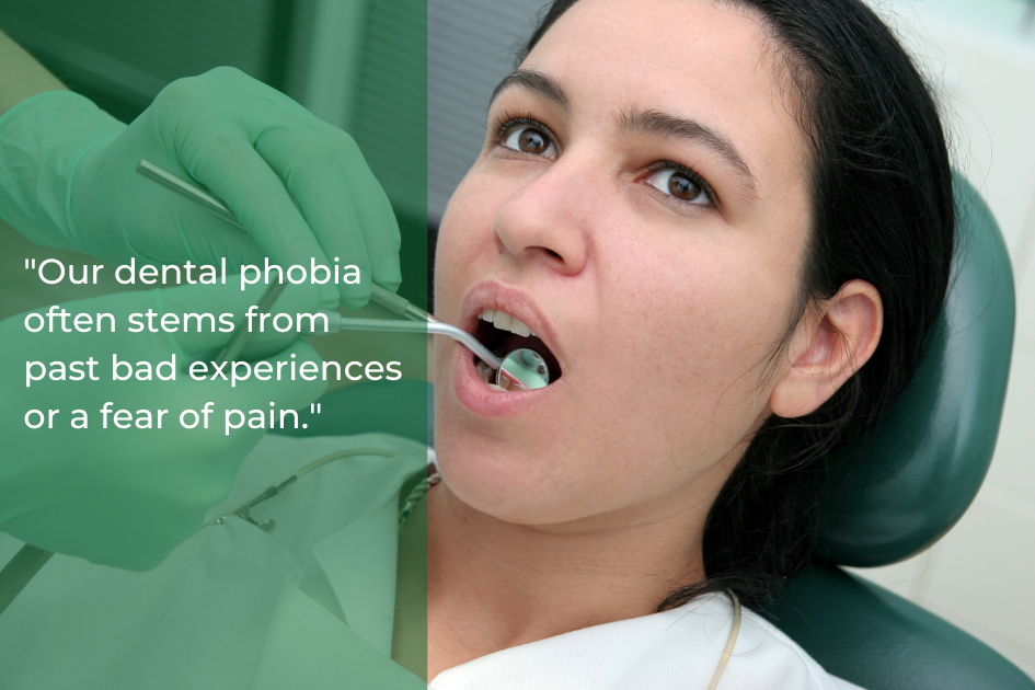 A person in a dental chair, mouth open, with a dentist using dental tools. Text overlay reads, &quot;Our dental phobia often stems from past bad experiences or a fear of pain. Discover effective ways to manage fear of the dentist and improve your oral health.