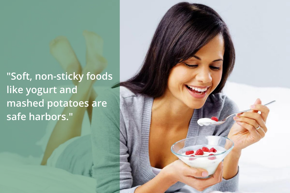 A woman lying down, eating yogurt with raspberries from a bowl, with text next to her stating, &quot;Soft, non-sticky foods like yogurt and mashed potatoes are safe harbors for your Invisalign diet.
