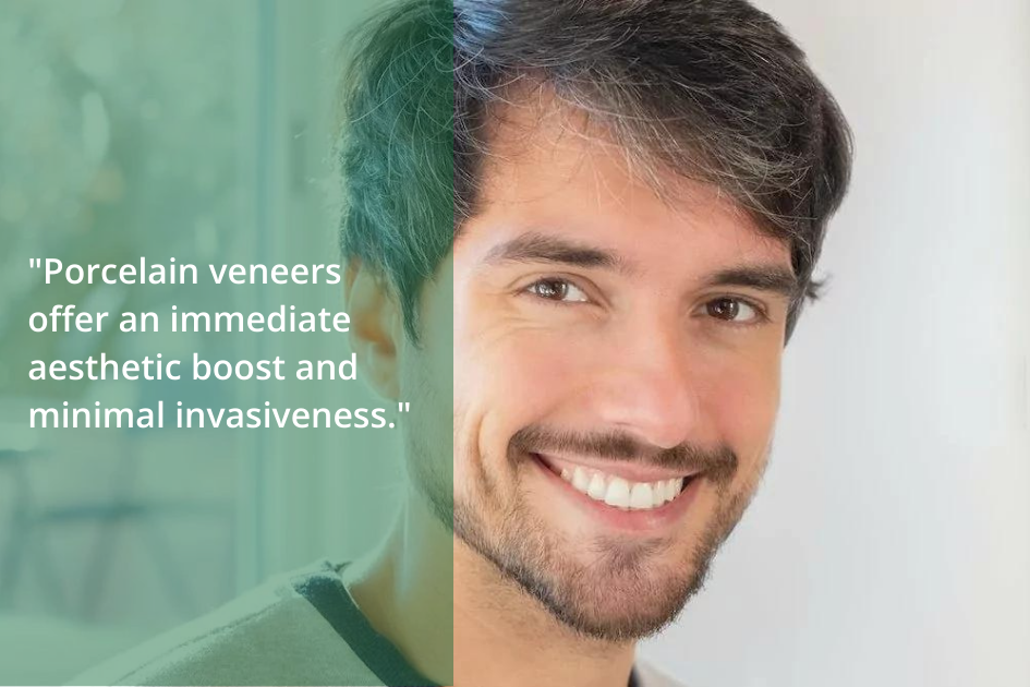 A smiling man with bright teeth, potentially showcasing porcelain veneers dental cosmetic enhancement.