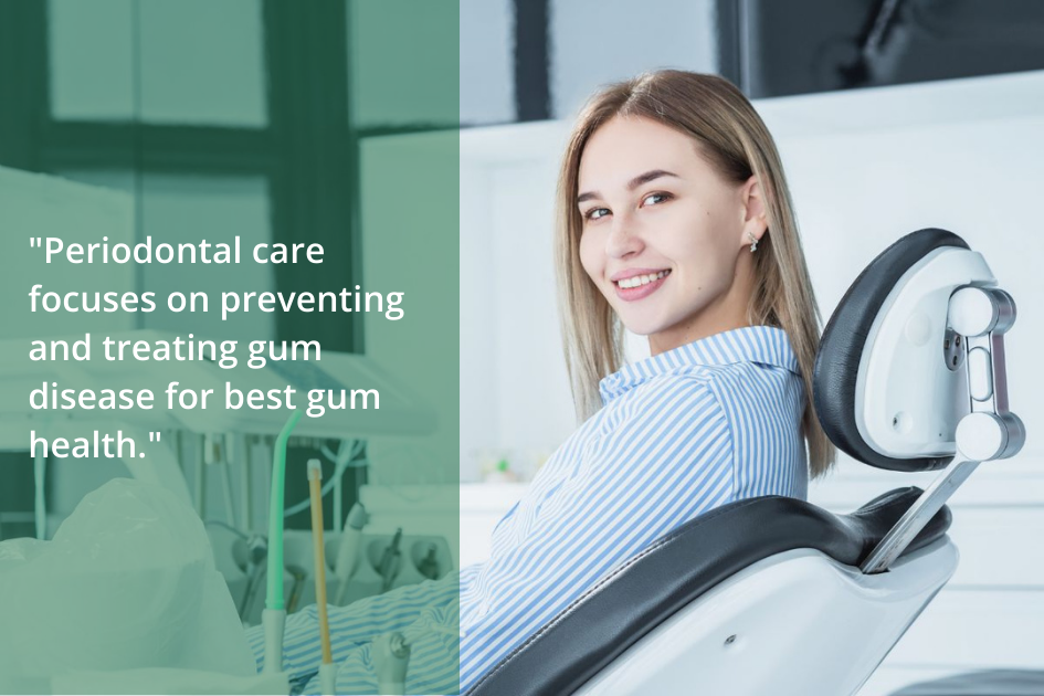 Woman smiling in dental chair highlighting the importance of periodontal health for gum disease prevention.