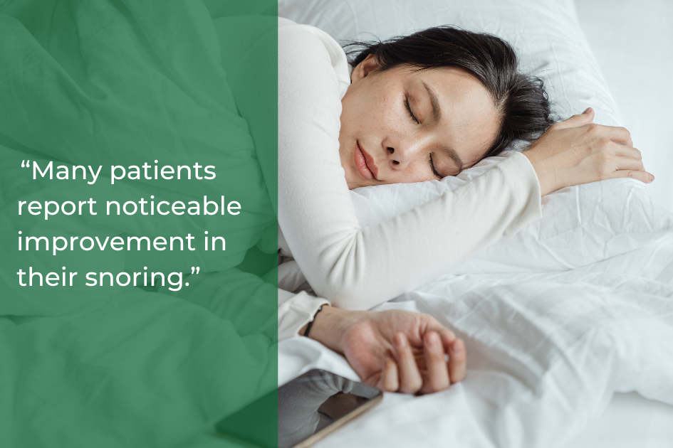 A person sleeps on their side in bed, next to a green text box that reads, “Many patients in Taylor TX report noticeable improvement in their snoring with dental treatment.”.