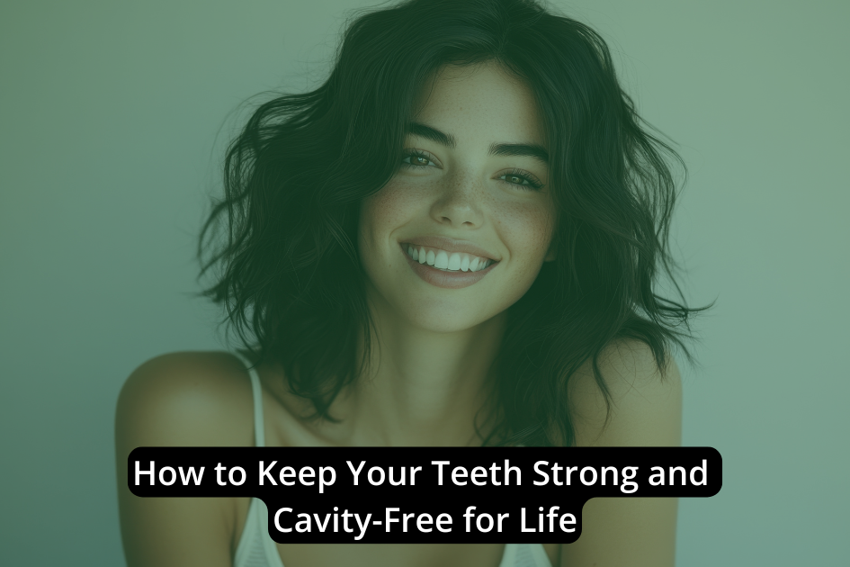 Smiling woman with dark hair, wearing a white top, with the text "How to Keep Your Teeth Strong and Cavity-Free for Life" below, promoting tips for strong teeth and lifelong dental health.