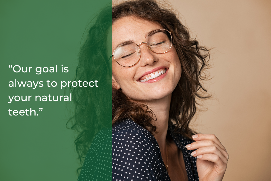 Smiling woman with curly hair and glasses next to a green text box that reads, “Our goal is always to protect your strong teeth and dental health.”.