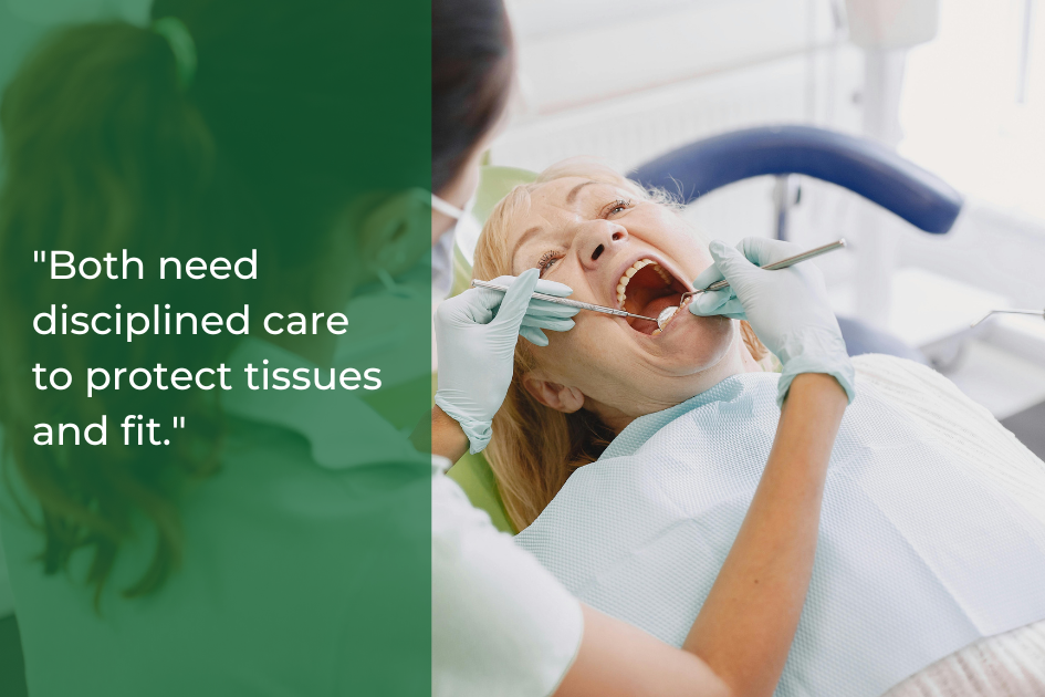 A dentist examines an older woman’s teeth in a dental chair while a quote about the difference disciplined care makes—whether for dentures or natural teeth—is displayed on a green overlay.