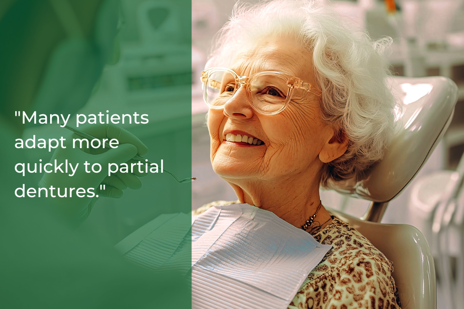 An elderly woman with glasses smiles while sitting in a dental chair. A dentist's hand is visible, and a quote about the difference between partial dentures and bridges is displayed on the left side of the image.