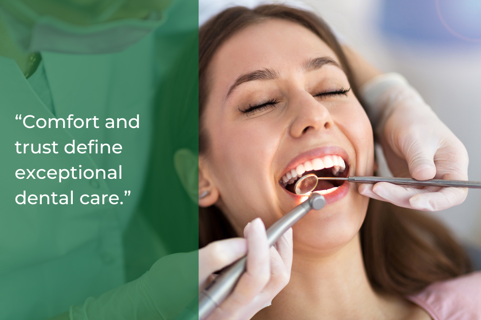 A woman at the dentist receives a dental checkup with tools while smiling, next to a quote about comfort and trust in dental care from a Dentist in Taylor.